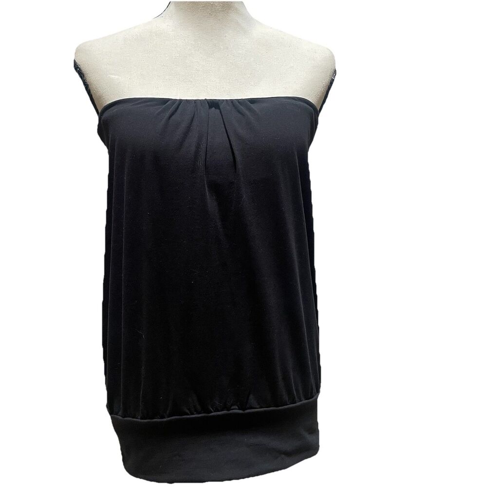 Black Strapless Bandeau Blouson Top Medium Pleated Drape Tunic Shelf Bra Tube